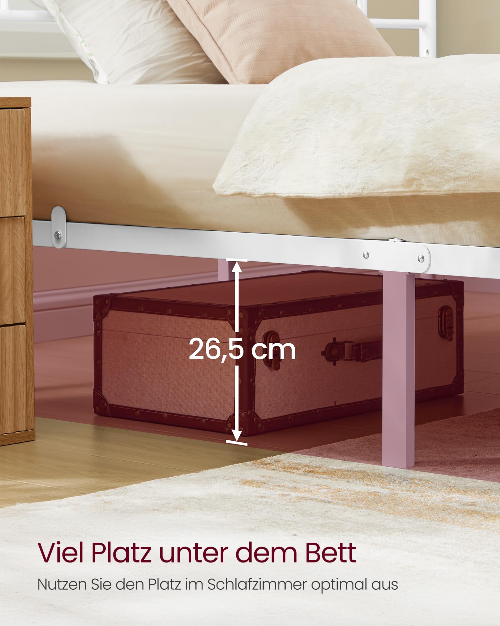 VASAGLE Bett 140 x 200 cm, Gästebett, Doppelbett aus Metall, Bettgestell, Bettrahmen, Metallbett, einfache Montage, mattweiß RMB064WG01