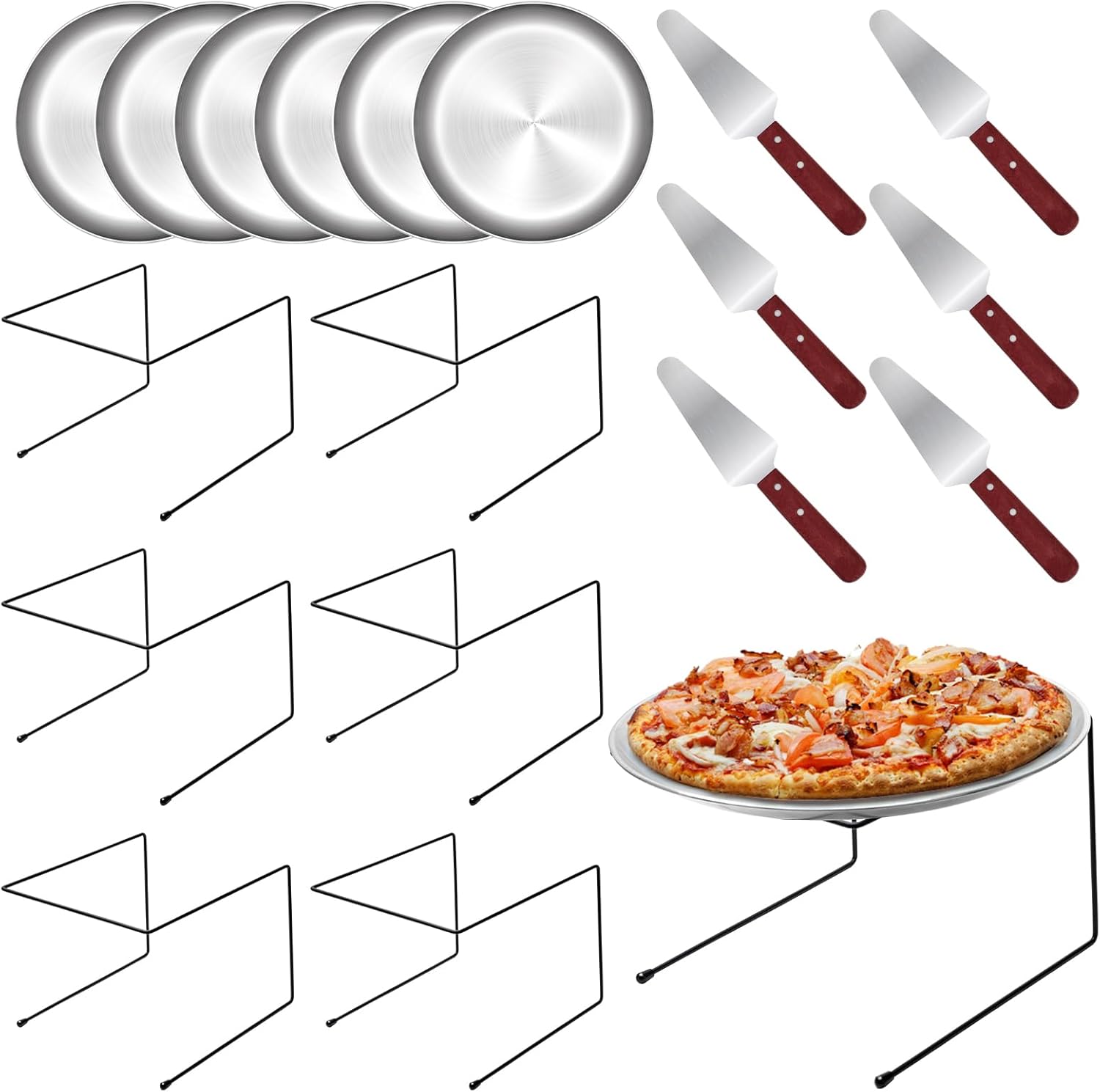 9 Pieces Pizza Pan Riser Stands Sets with 3 Metal Pizza Table Stands 3 Pizza Pans and 3 Wood Handle Pie Server Pizza Serving Tray Display Stands for Pizza Party Dessert Cheese Baking (9 PCS)