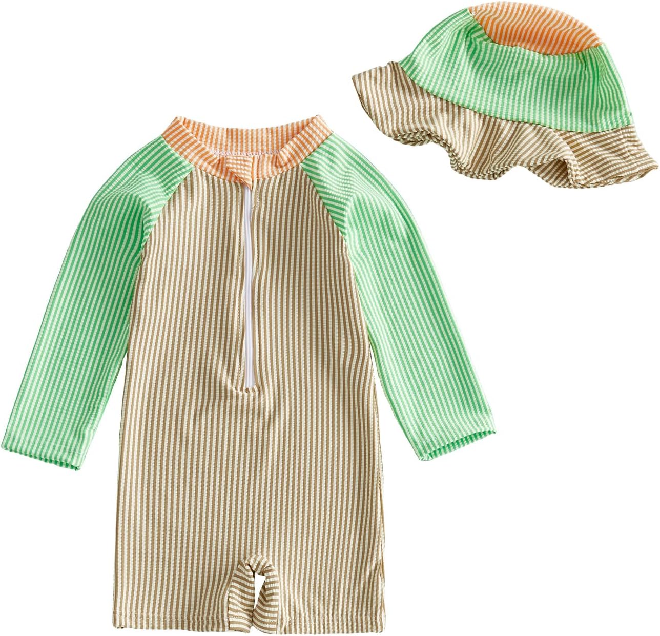 Toddler Baby Boys Seersucker Long Sleeve One Piece Rash Guard Swimsuit Zipper Bathing Suit Swimwear with Hat
