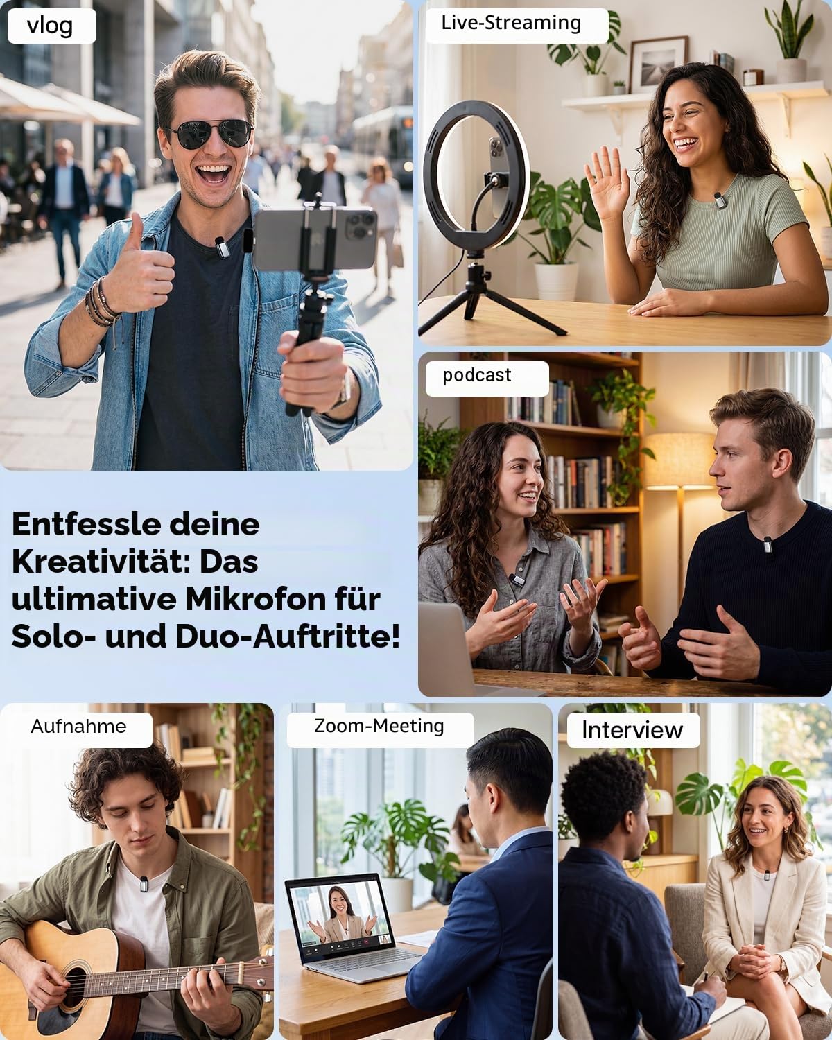 zealsound Mini Kabelloses Lavalier Mikrofon für Handy, iPhone & Android, mit Geräuschunterdrückung, Mute & Hall, 33H Laufzeit, 100m Reichweite, Ansteckmikrofon für Vlog, Streaming, Podcast, M6