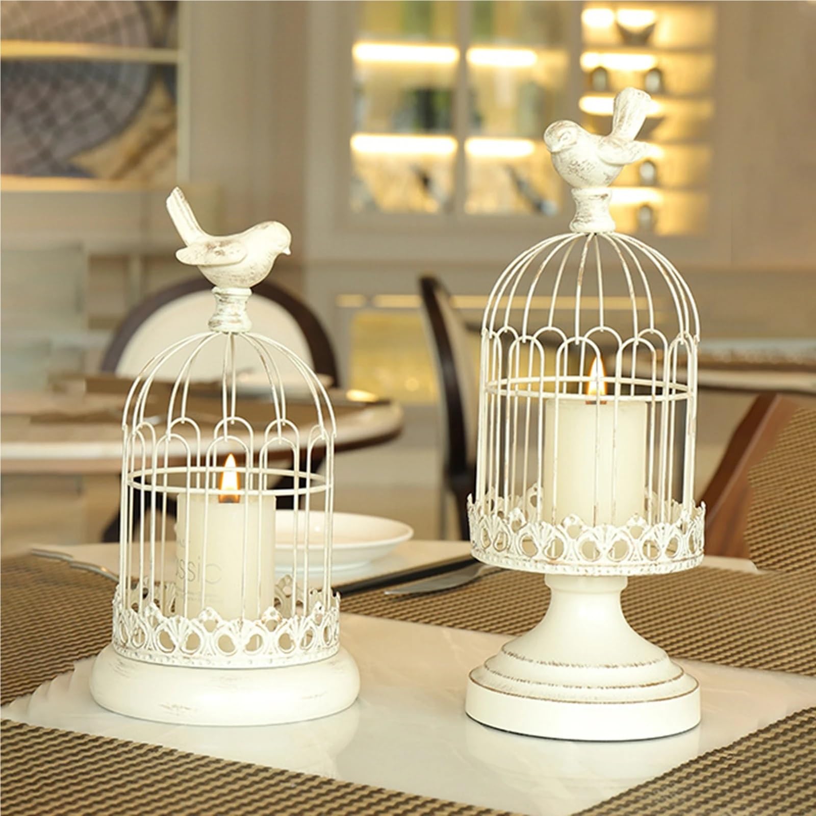 Portavelas de metal con forma de jaula para pájaros, para mesa, boda, fiesta, oficina, sala de estar, decoración (negro, 14 x 31,5 cm)