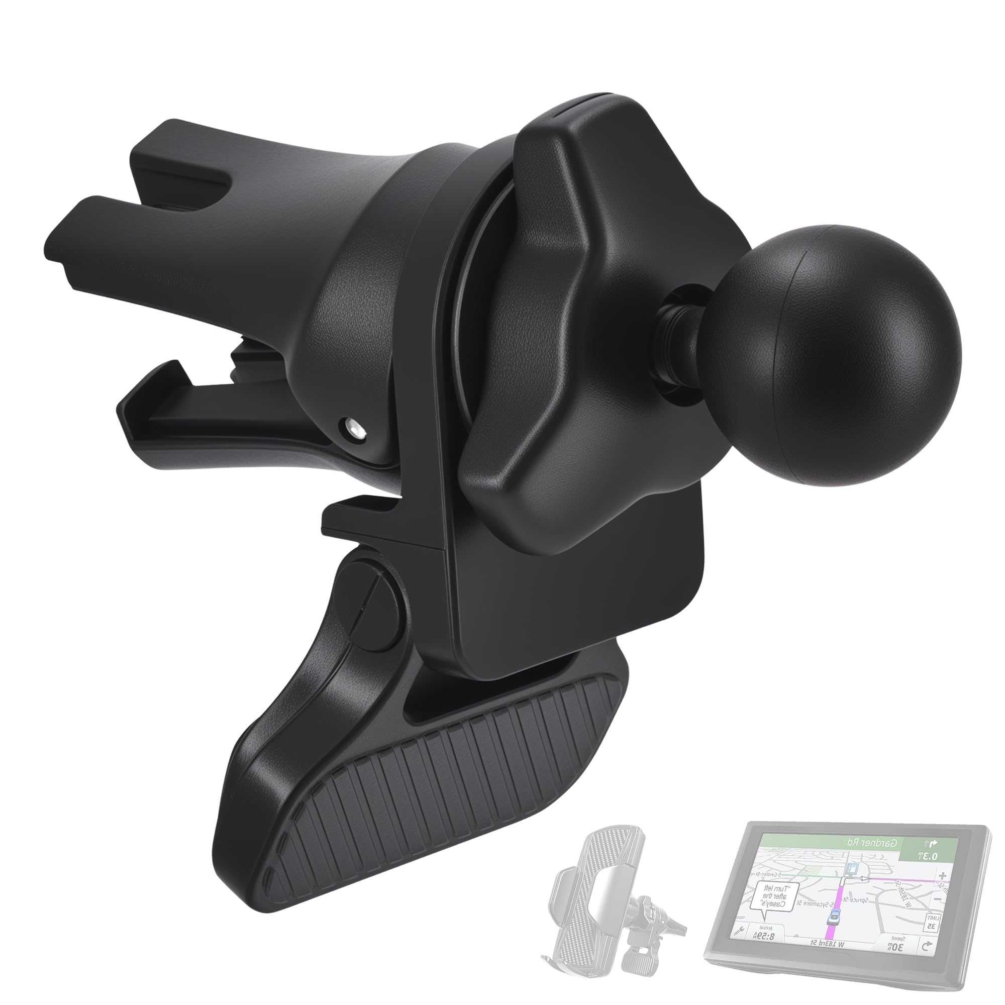 iSaddle Air Vent GPS Cell Phone Mount Holder 17mm Ball Vent Mount Base Mounting Clamp [Upgraded] Alligator Clip & Stabilizing Arm Supports Vertical & Horizontal Blades for iPhone/Garmin Nuvi