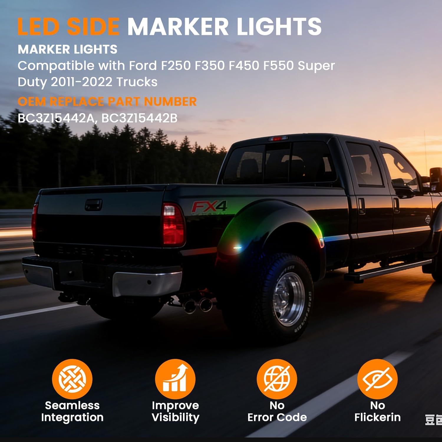 D-Lumina RGB Dually Bed Fender Side Marker Light Compatible for Fo-rd F250 F350 F450 F550 Super Duty 2011-2022 Trucks, Multi-Color Smoked Lens Front & Rear Side Bumper Marker Lamp, Pack of 4