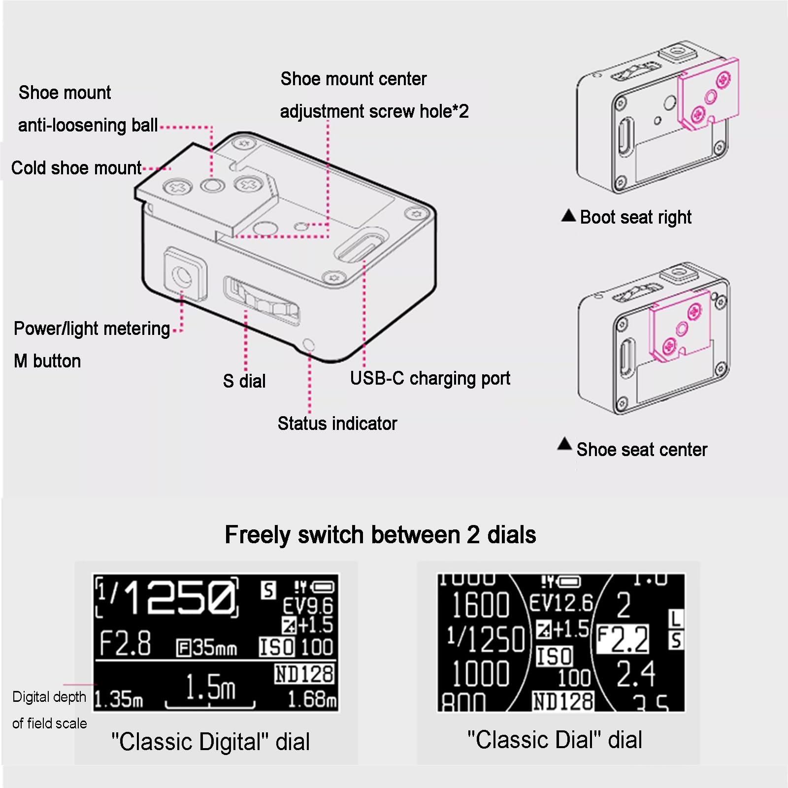 Esposimetro per Fotocamera, Indicatore di Esposizione, Misurazione Media a 30°, con Schermo OLED, Attacco Slitta Fredda, Regolazione ISO, Apertura E velocità Dell'otturatore
