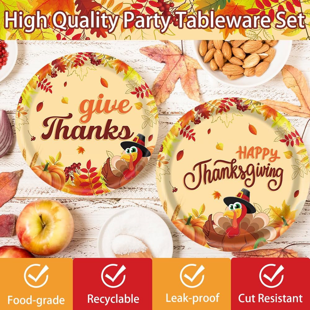 140Pcs, Thanksgiving Day Tableware Set Happy Thanksgiving Party Supplies Dinnerware Set Paper Plates, Cup, Napkins, Knife, Fork And Spoon, Turkey Maple Pumpkin Fall Party Decorations, For 20 Guests