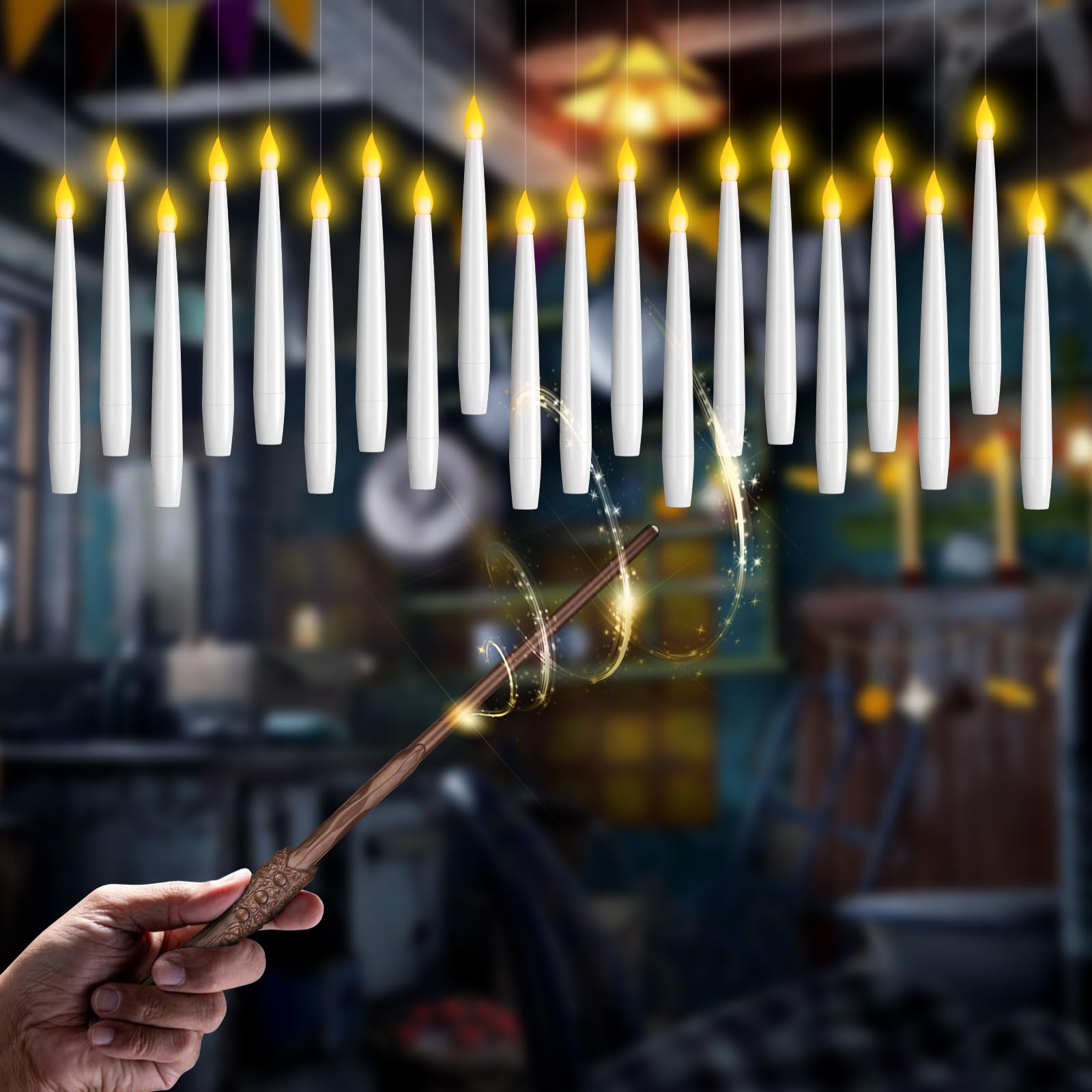 Pływające świece z pilotem różdżki, białe elektryczne wiszące magiczne świece LED, migoczące ciepłe światło, świece stożkowe LED do domu, na Halloween, dekoracje świąteczne (20 szt.)