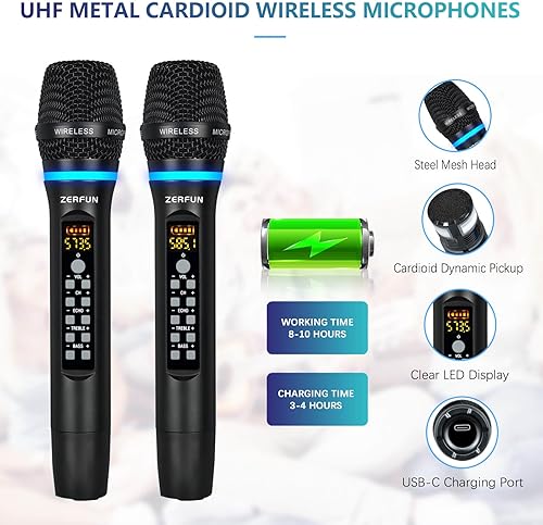Miniatura 4 de Micrófonos inalámbricos duales recargables, sistema de micrófono inalámbrico de metal UHF, micrófono inalámbrico profesional con Echo Treble BASS