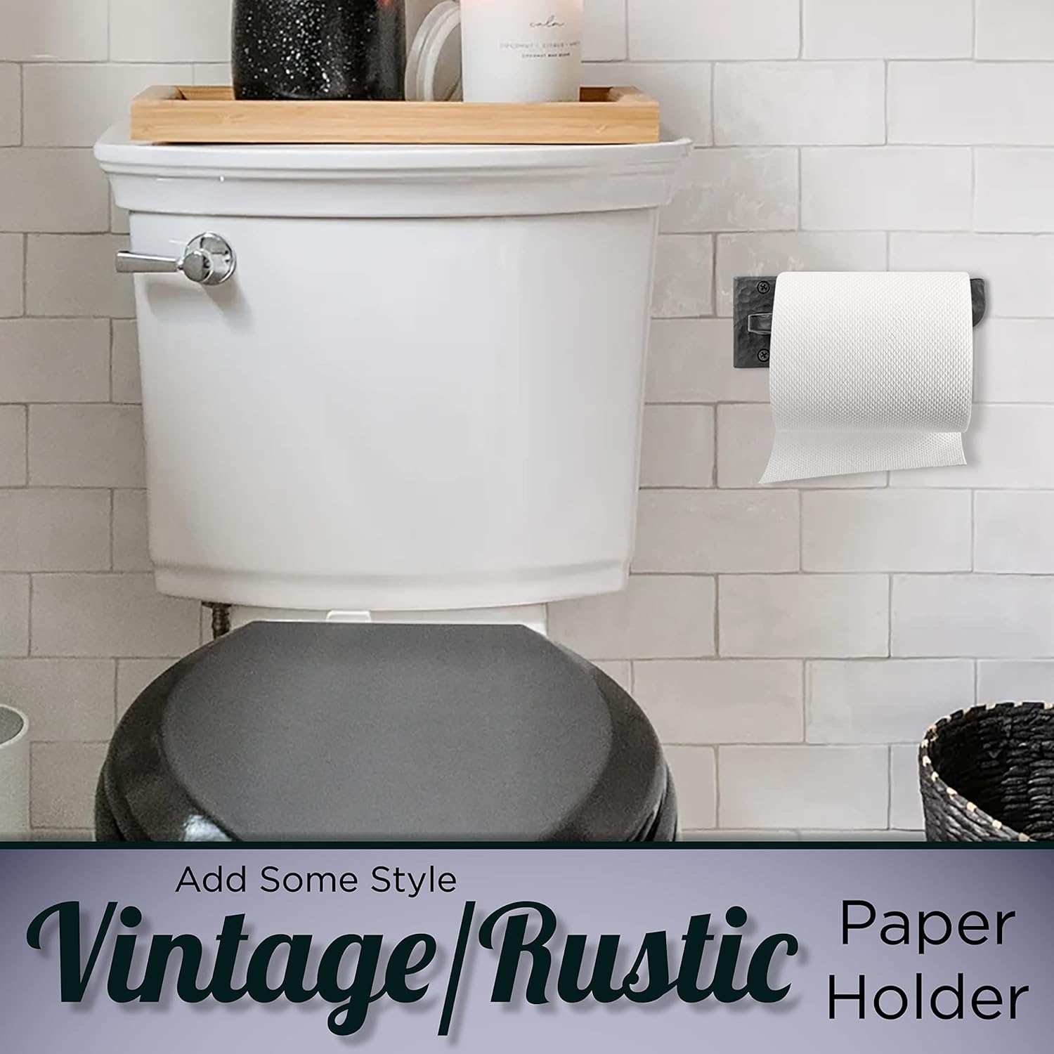 Wrought Iron Toilet Paper Holder - Rustic Toilet Paper Holder Wall Mount Tissue Hanger for Bathroom, TP Roll Rack for Farmhouse Style Home & Vintage House - Black, 6.5 x 3 X 2.5 Inches