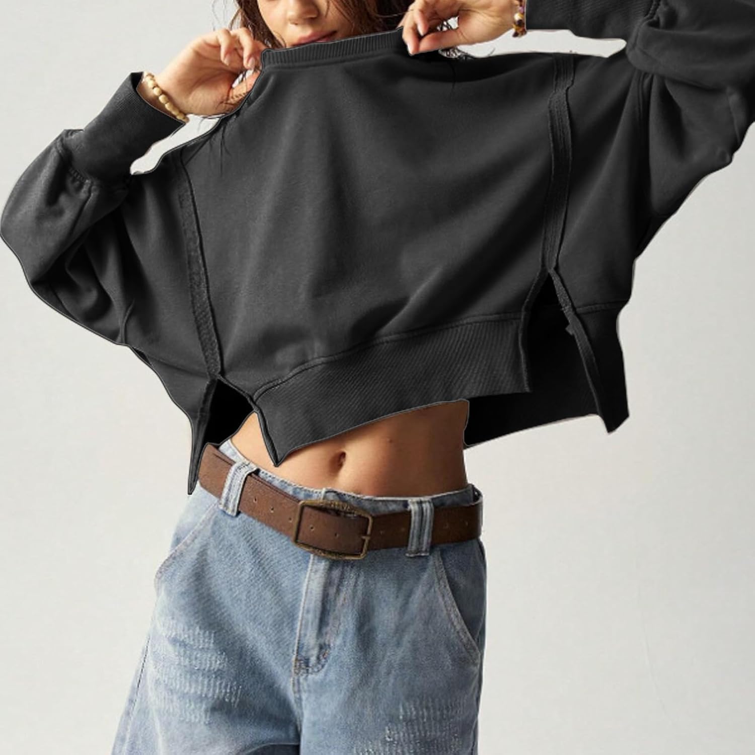 EGUGYDW Womens Crewneck Sweatshirts Cropped Long Sleeve Side Slit Loose Fit Teen Girls 2025 Fall Crop Pullover Tops - Image 6