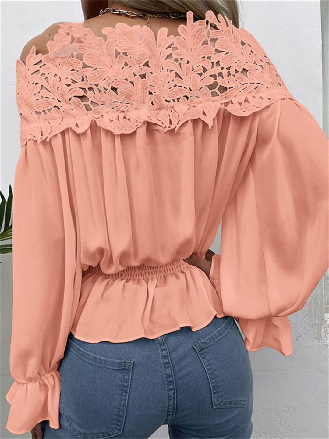 Générique Femmes Sexy Hors épaule Blouses Dentelle Blouses Blanches à Manches Longues Tunique froncé Chemises à la Taille