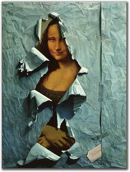 Famous Mona Lisa Canvas Painting Covered with Blue Paper Poster Print