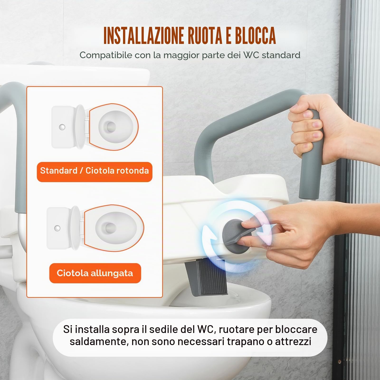 VEVOR Sedile WC Rialzato 435 x 535 x 340 mm Rialzo per WC Universale Altezza Rialzata 127 mm Capacità 158,7 kg per WC Rotondo, Allungato, Larghezza Regolabile, per Anziani, Disabili, Paziente, Incinta