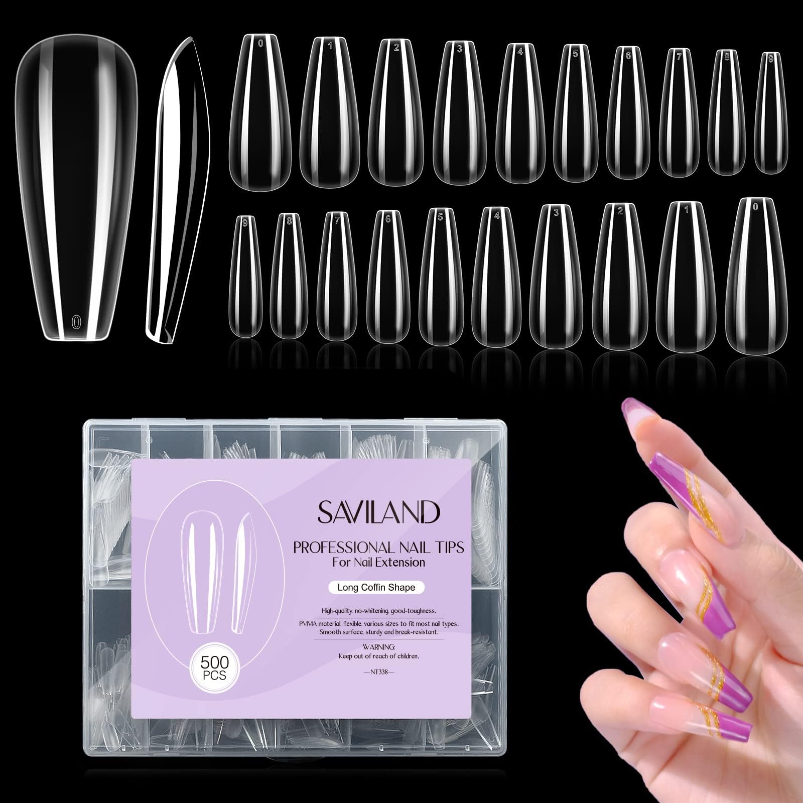 SAVILAND Gel Nail Tips – Full Cover Nail Tips 500Pcs Coffin Tips for Acrylic Nails Professional | Dipping Powder | Poly Nail Gel | Gel Nail Polish No Need to File Nail Art DIY Salon