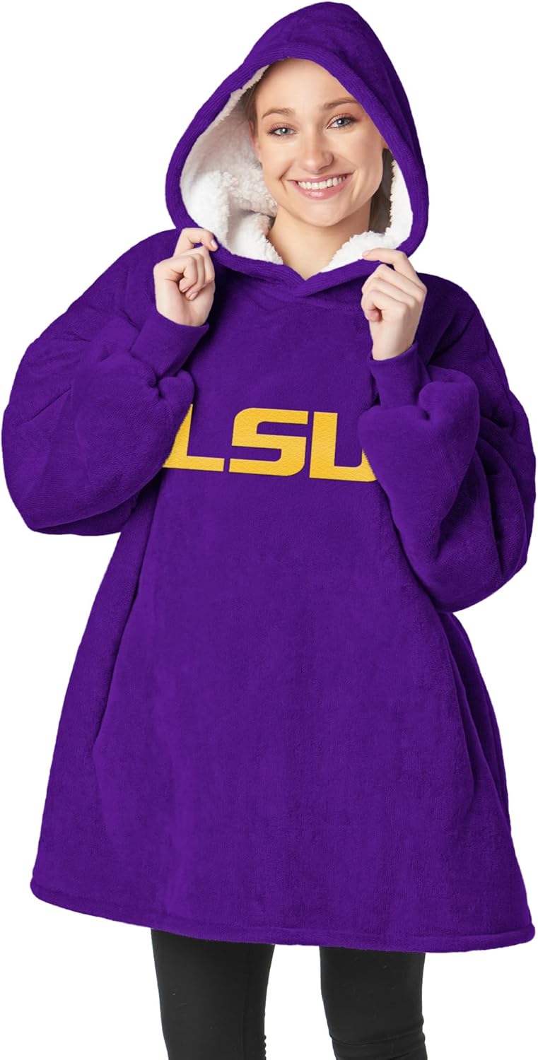 Northwest NCAA LSU Tigers Hoodler Oversized Sherpa Pullover, Embroidered Logo,Plush Wearable Blanket Sweatshirt, Soft Fleece with Front Pocket, One Size Fits Most