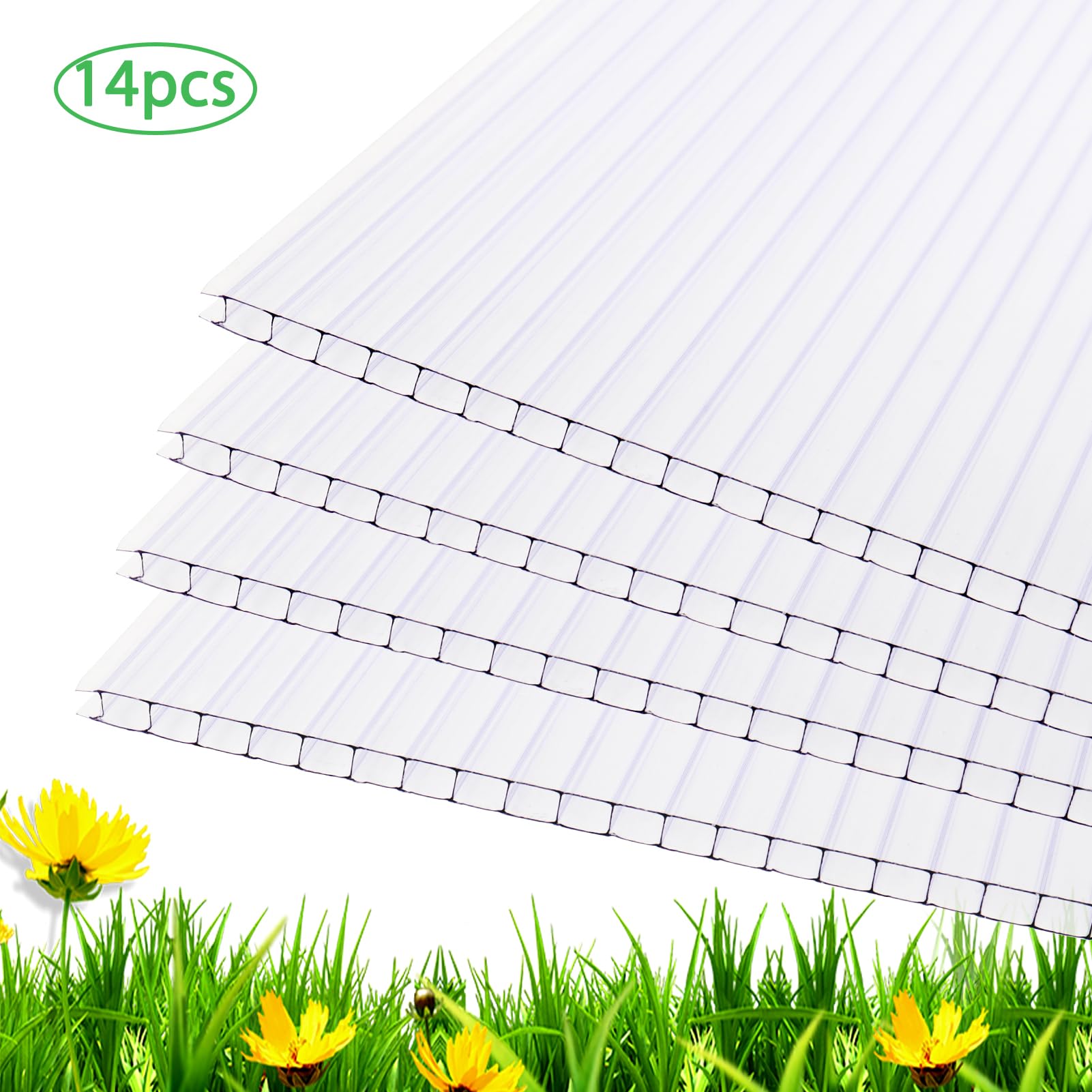 14 Pieces 4' x 2' x 0.16'' Polycarbonate Greenhouse Panels,Twin-Wall Polycarbonate Panels Waterproof UV Protected Impact Resistance Reinforced Clear Roofing Panels for Greenhouse, Plant Stand Roof