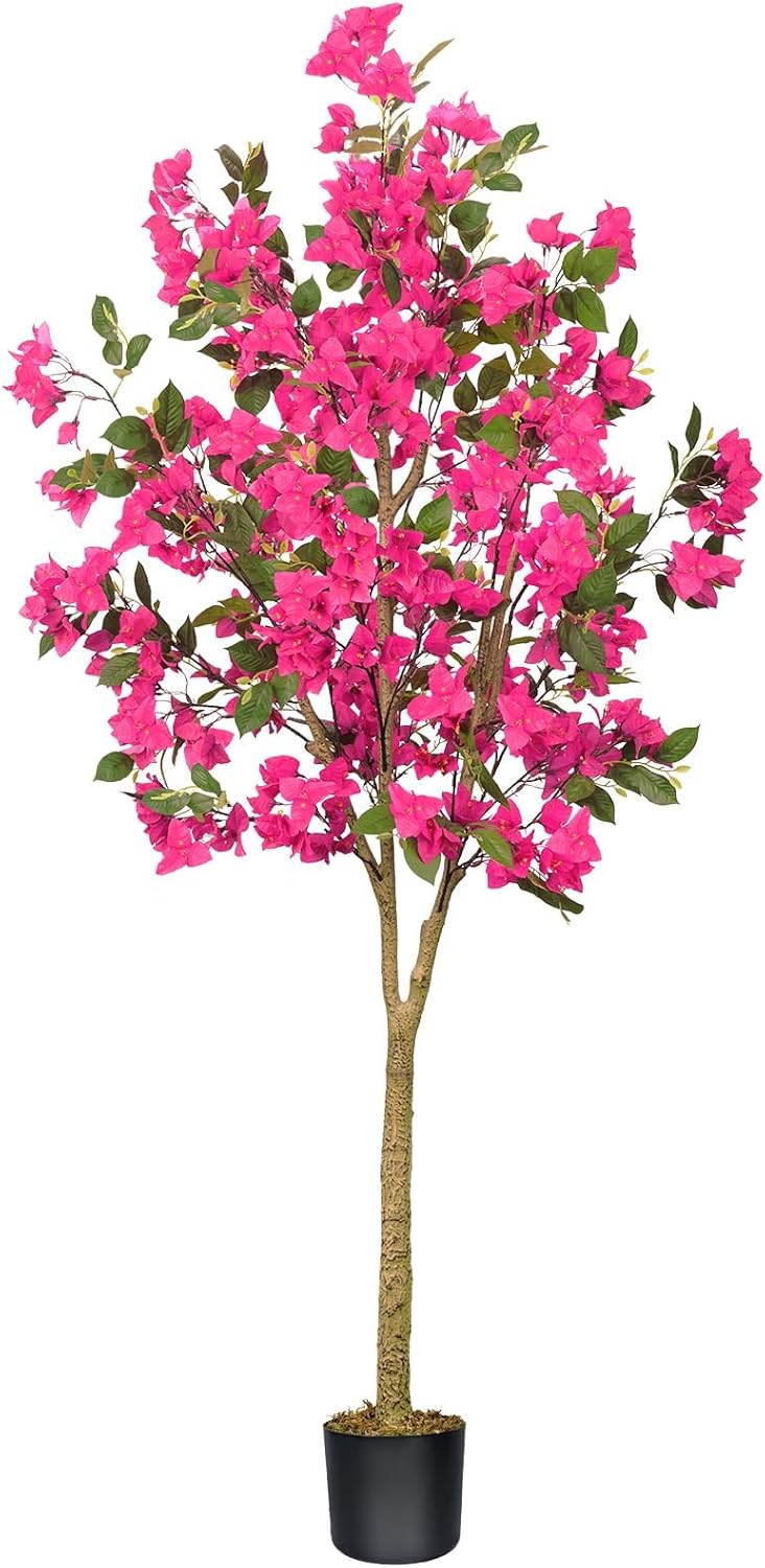 Artificial Bougainvillea Trees 6 FT Fake Tree with Pink Silk Flowers and Wood Trunk,Lifelike Faux Bougainvillea Trees Floor Plants with Planter and Moss for Home Office Decor Indoor Outdoor