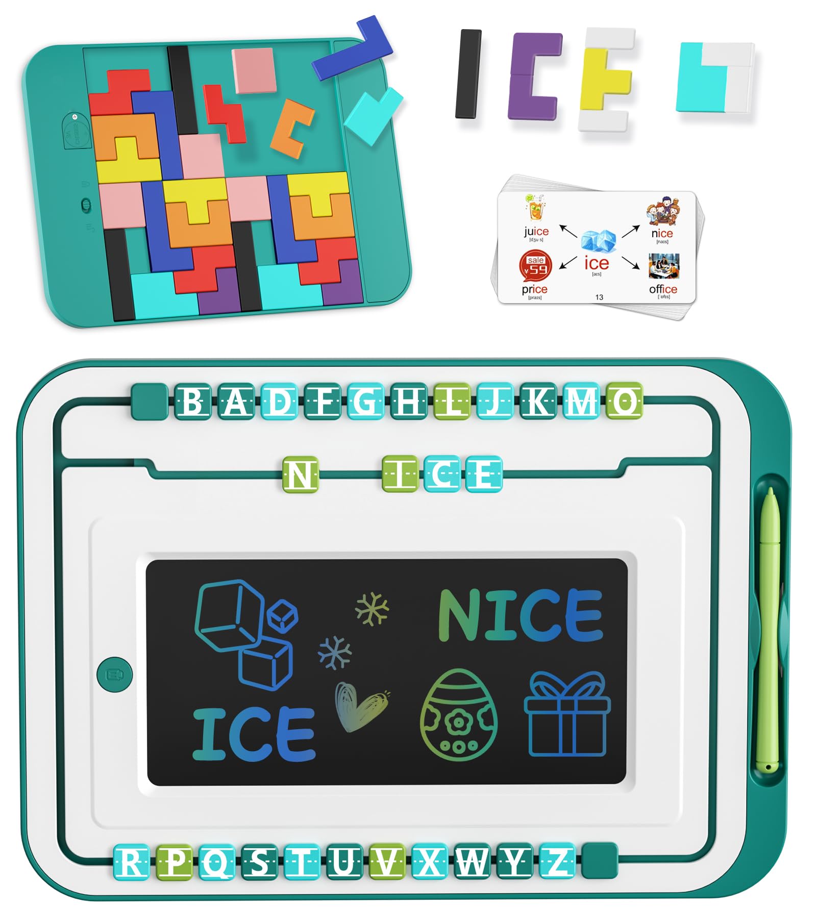LCD Writing Tablet for Kids with 26 Letters Word Cards 2 Sets Block Puzzles Drawing Writing Board Educational Learning Toy Homeschool Party Favor Toys for Toddler Kids Girls Boys