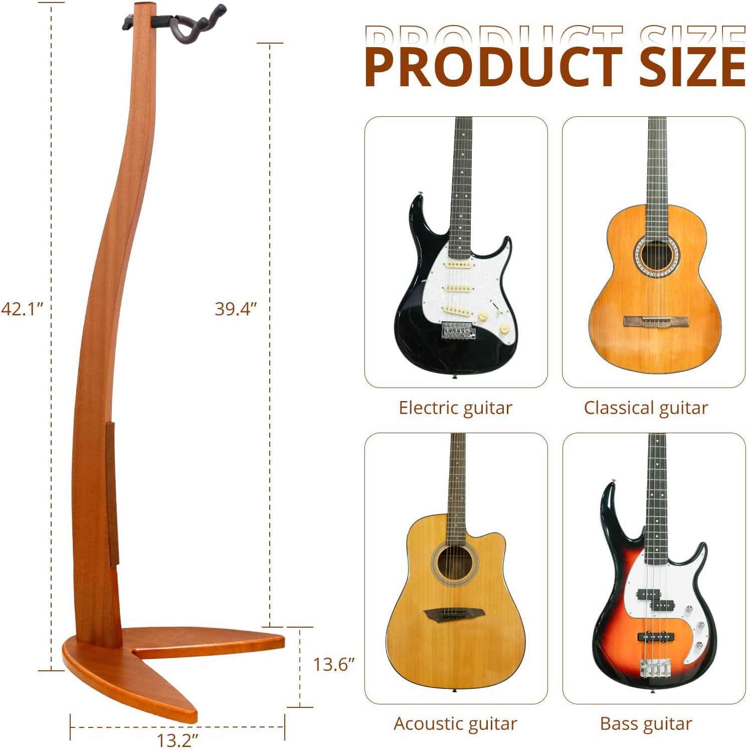 MUSO Guitar Bass Hanger Stand, Solid Wood Bow Holder Mermaid Shaped for Display and Storage, 42 inches Height Anti-scratched and Anti-bump, Deorate Studios, Living room and Stage (Sapele, 1)