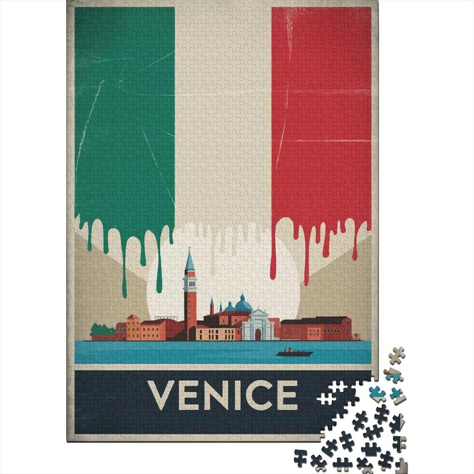 Venice Vintage Poster Travel Puzzle 1000 Pieces, Famous Building Scenic Print, 1000 Pieces for Adults, for Families, Screen-Free Fun, 70x50cm/1000pcs