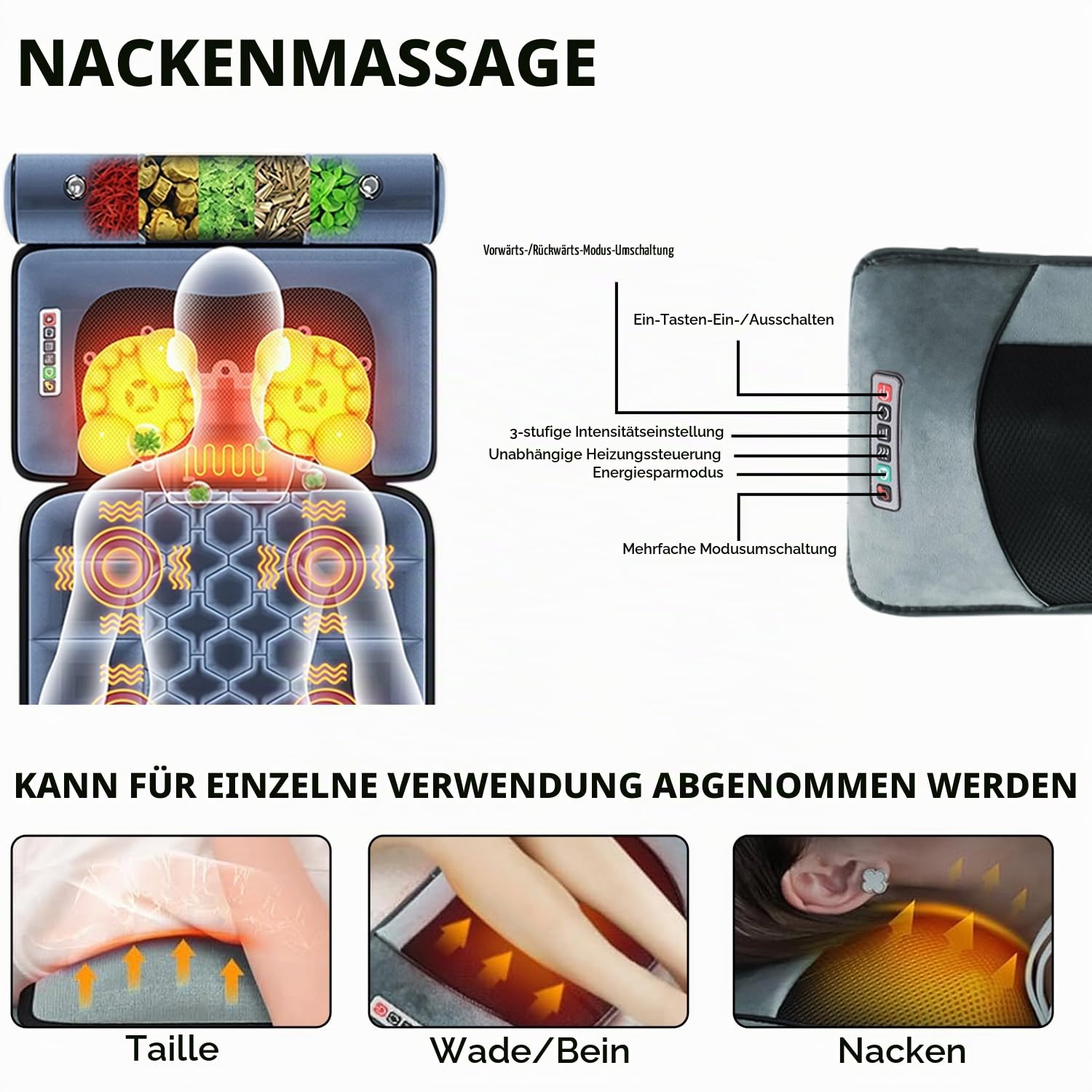Massagematte, Ganzkörper, mit Wärme, 10 Motoren, für Entspannung | Vibrationstherapie; abnehmbare Fußmassage; für Rücken und Nacken.