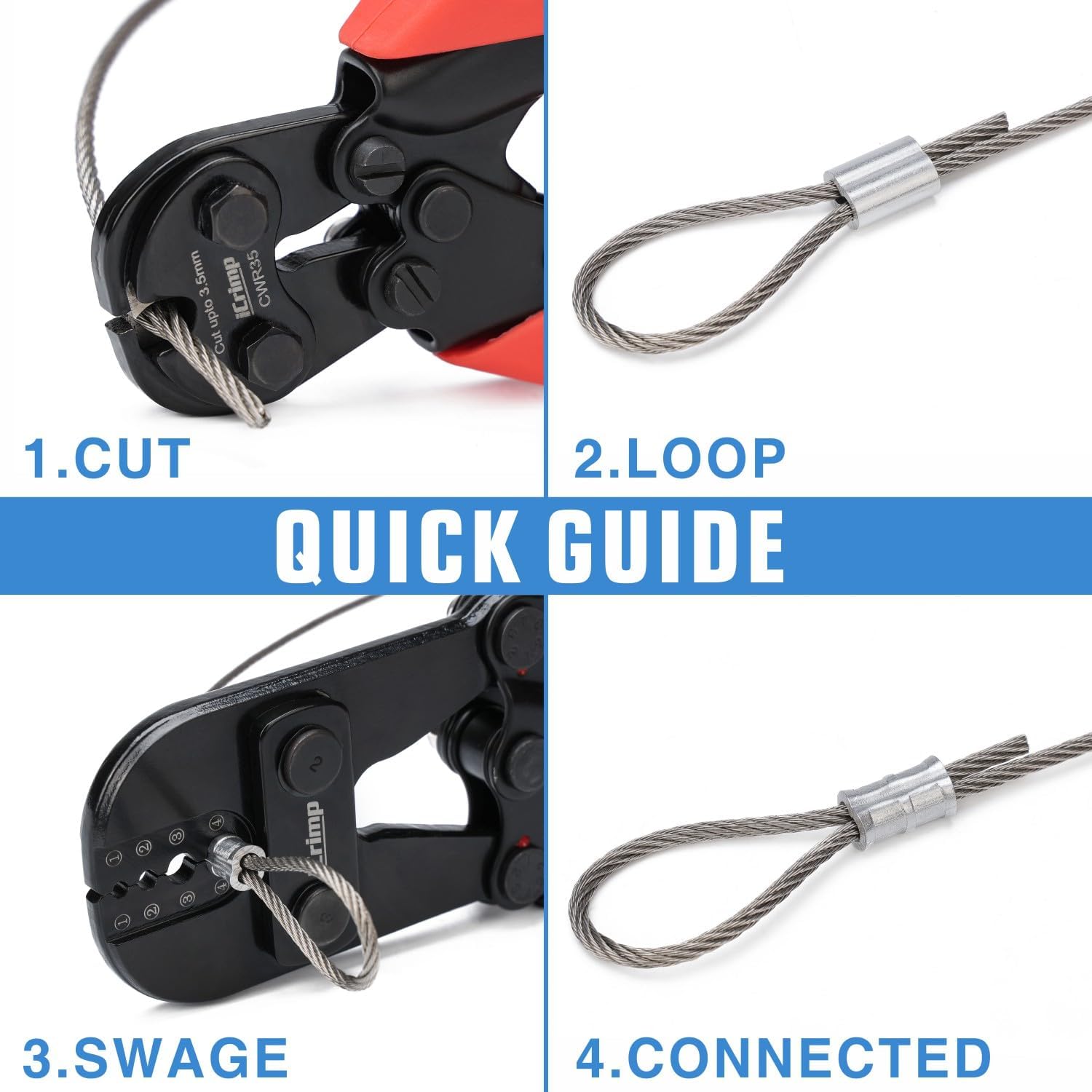 iCrimp Wire Rope Crimping Tool Kit with Swager, Cutter and Aluminum Loop Sleeves 3/64'',1/16'',5/64'', 3/32'',7/64'',1/8'', for Mono Fishing Line,Cable Railing, Sling
