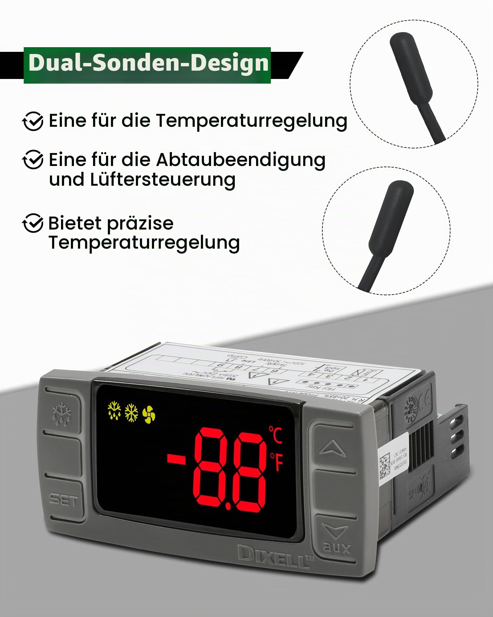 Dixell XR02CX-4N1F1 Temperaturregler, Ersatz für Dixell Temperaturregler, passend für 120 V 50-60 Hz kommerzielle Kühlschränke / Gefrierschrank, mit Temperatursensorsonden und Verschluss