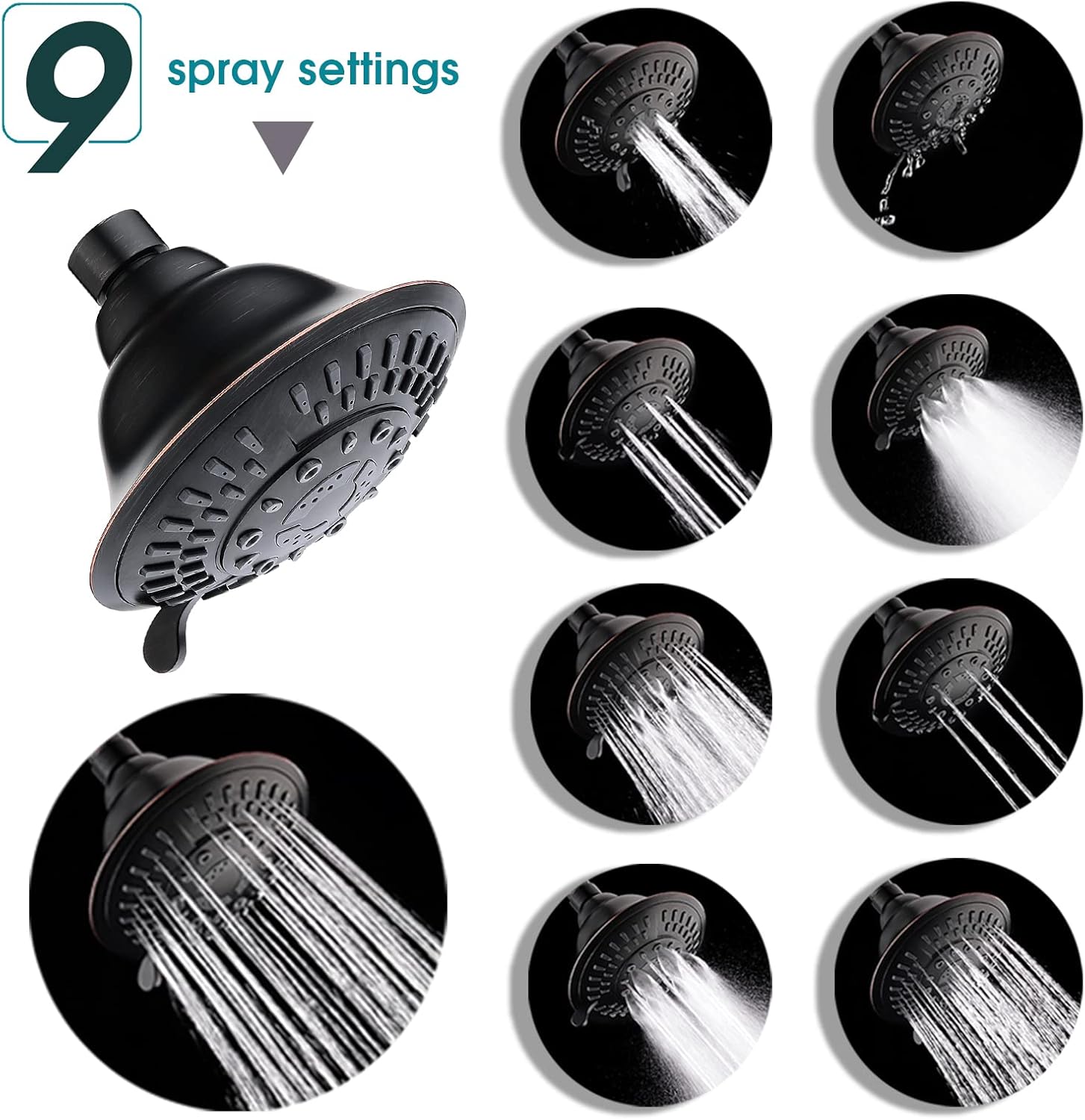 BRIGHT SHOWERS High Pressure Rain Showerhead 9 Spray Settings Shower Head and Matching 6 Inch Brass Shower Pipe-Arm Bathroom Rain Shower Arm, Oil-Rubbed Bronze