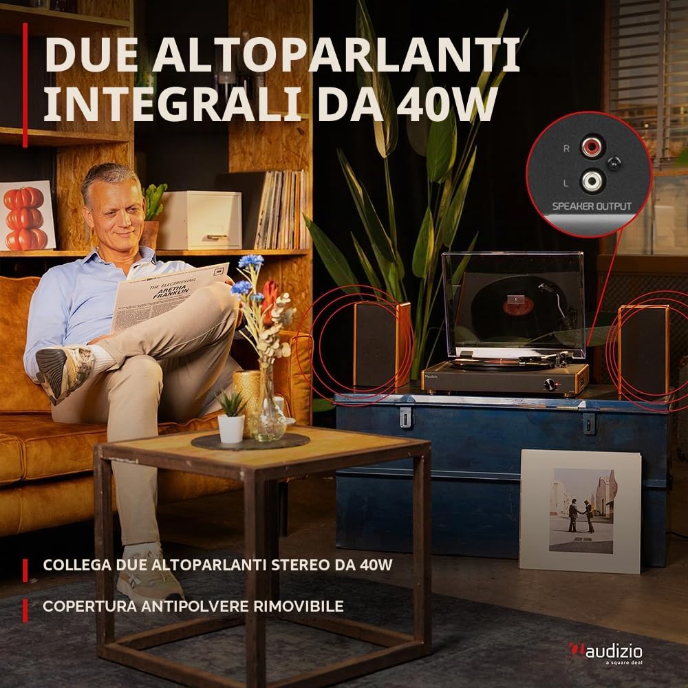 Audizio RP335 - Giradischi in stile retrò con altoparlanti stereo da 40 W, sistema stereo Bluetooth, conversione MP3 USB, piedini ammortizzanti, design vintage