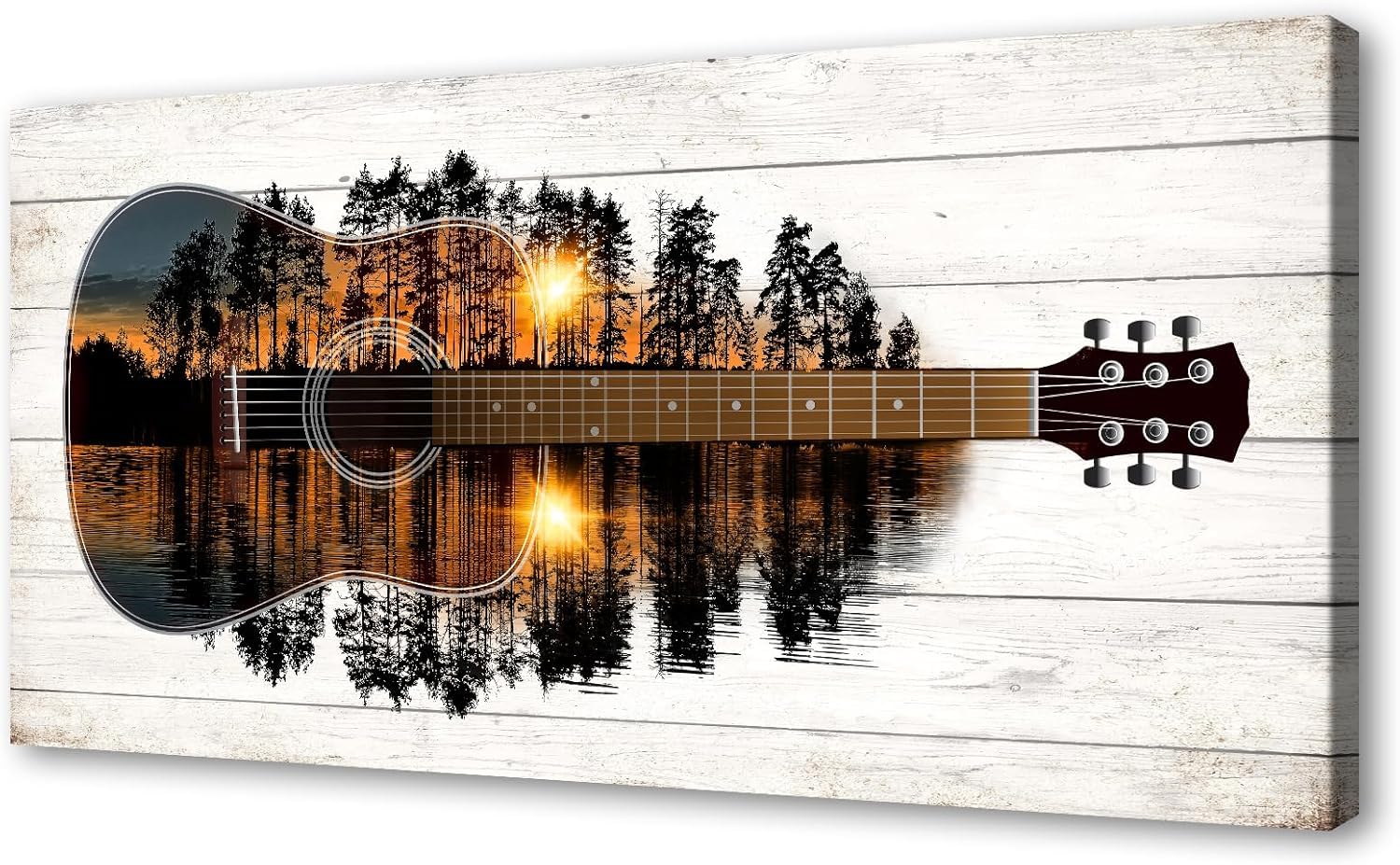 lianyibo Abstract Wood Grain Canvas Wall Art Art Guitar Forest Sunset Painting Lake View Print Picture for Living Room Bedroom(60x120cm/Frameless)