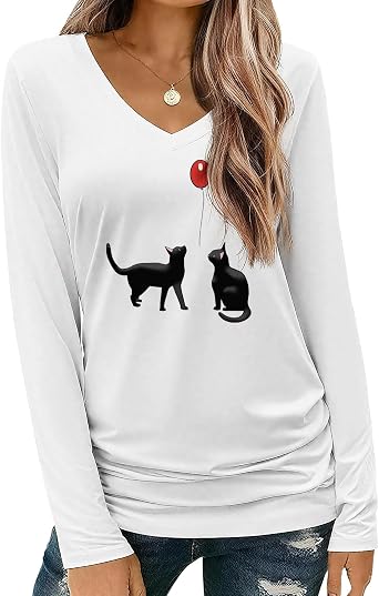 Womens V Neck Long Sleeve Graphic Top Soft Cotton Blend Retro Print Campus Event Shirt