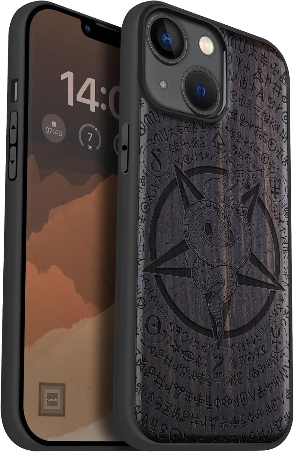 Carveit Magnetic Wood Case for iPhone 14 Case [Natural Wood & Black Soft TPU] Unique & Classy Wooden Shockproof Protective Cover Compatible with magsafe (Viper Pentagram Design -Blackwood)