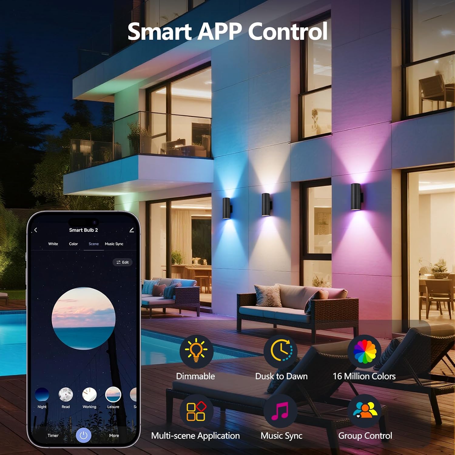 Nigaut Smart RGB Outdoor Wall Lights 2 Pack, 11.8" LED Wall Sconce, WiFi App Control, Alexa Compatible, IP65 Waterproof Color Changing Porch Light, 30W for Patio Garden Garage