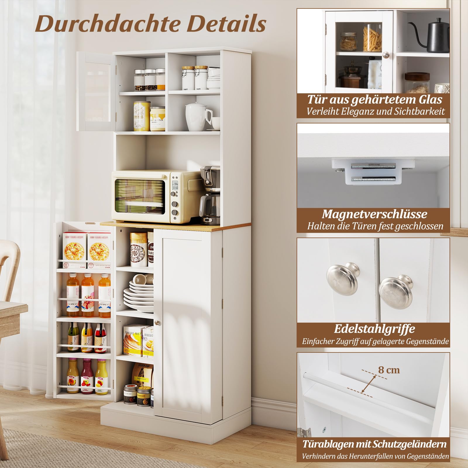 COSTWAY Küchenschrank 170 cm, Buffetschrank hoch, Vorratsschrank mit 2 Glastüren, 8 Türregalen, Arbeitsplatte & verstellbare Regalen, Hochschrank Mehrzweckschrank, für Küche Wohnzimmer Esszimmer, Weiß