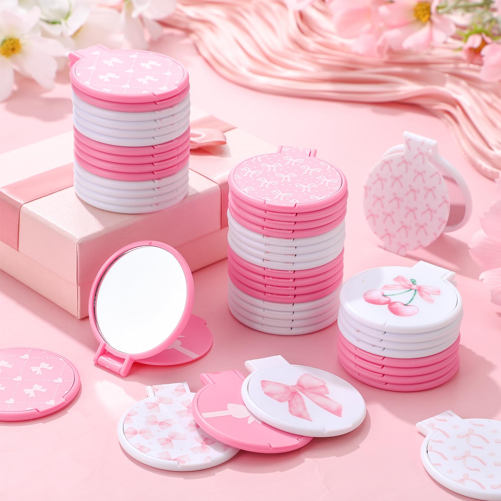 Namalu 50 espejos compactos de arco a granel de 2.8 pulgadas, regalo de San Valentín para mujeres, coqueta azul, recuerdo de fiesta, suministros de maquillaje, espejo plegable de bolsillo