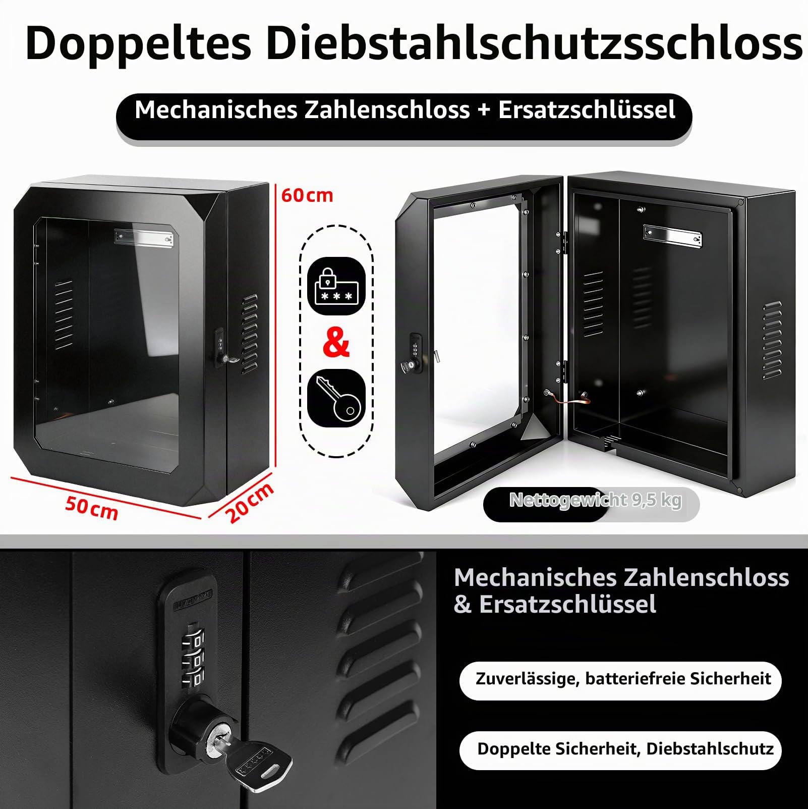 Wallbox Wetterschutz Schutzbox mit Kabelaufroller für EV Ladestation | Abschließbare Wallbox Schutzbox aus Stahl mit Acrylfenster, UV- und Regenschutz für Outdoor Ladestationen mit Kabelmanagement