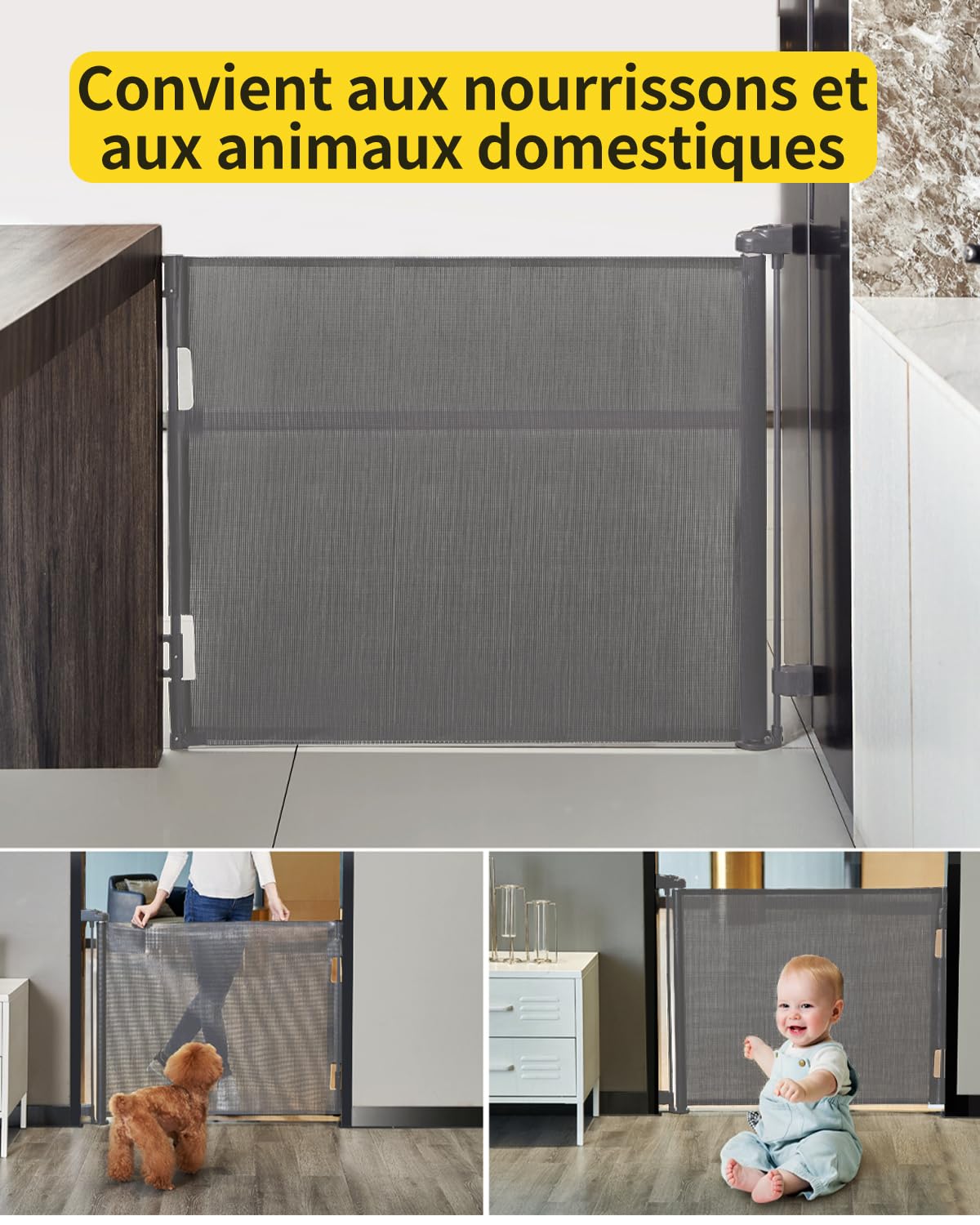 Barrière de Sécurité Rétractable pour Bébé et Animaux Chiens, Extensible de 0-140cm, Porte de Sécurité pour Escaliers, Couloirs et Portes – Utilisation Intérieure et Extérieure gris