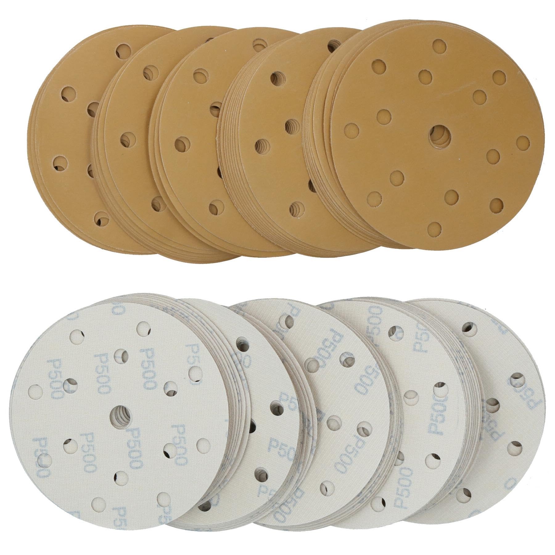 Discos de lijado de 150 mm, óxido de aluminio abrasivo, grano 500, gancho de 15 agujeros + bucle, 200 unidades