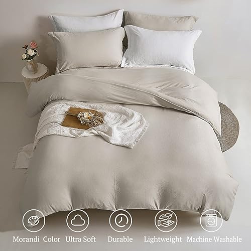Miniatura 2 de MILDLY Juego de funda de edredón color gris avena, 100% microfibra lavada, súper suave, tamaño California King, transpirable y ligero, juego de cama