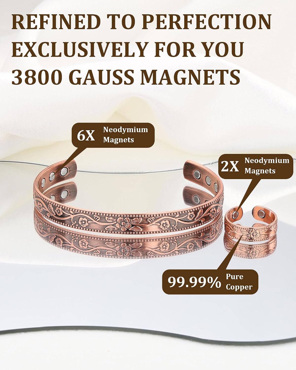 99.99% Pure Copper Magnetic Bracelets Rings for Men Women, 3800 Gauss 6 & 8 Strong Magnets Adjustable Classic Vintage Copper Cuff Jewelry Gift thumbnail