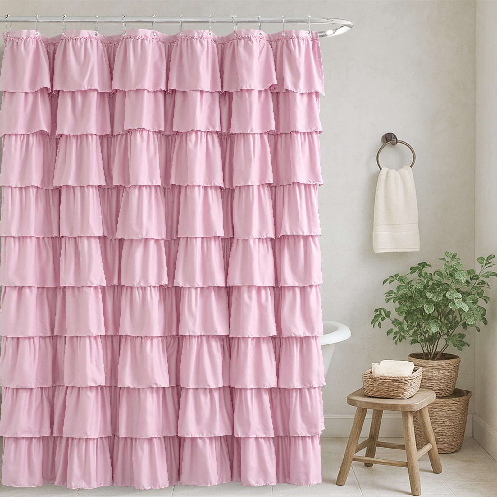 Seasonwood Pink Ruffle Shower Curtain Cute Girly Shower Curtain Farmhouse Vintage Handcrafted Rustic Decorative Fabric Shower Curtains for Bathroom,