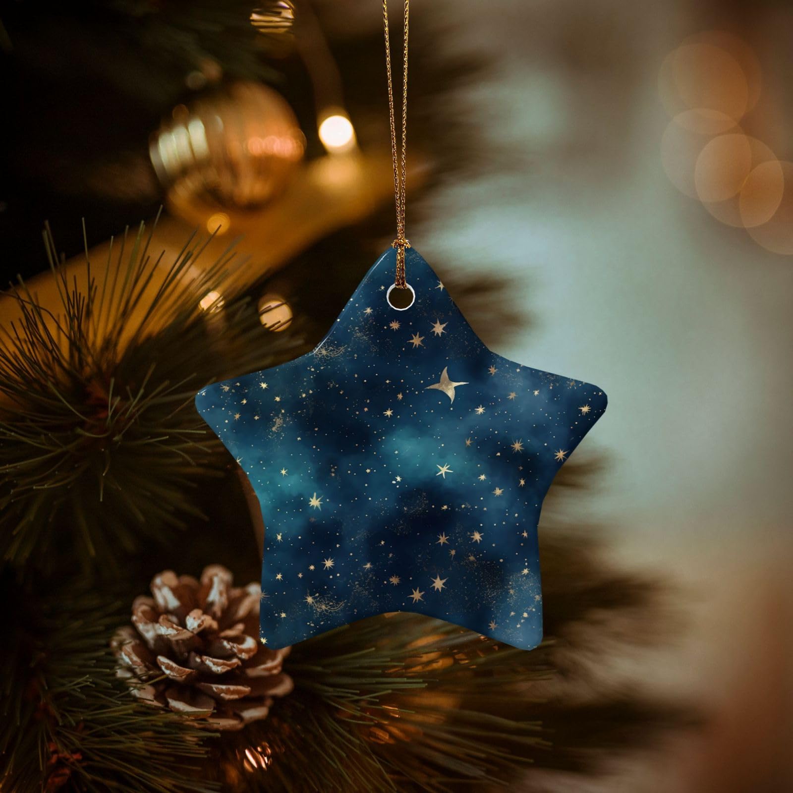 Christmas Tree Ornaments Ceramics Christmas Decorations Night Sky Stars Ornaments with Gold Ribbon Porcelain Xmas Tree Crafts Star Shape Hanging Pendant for Christmas Tree Party Decor