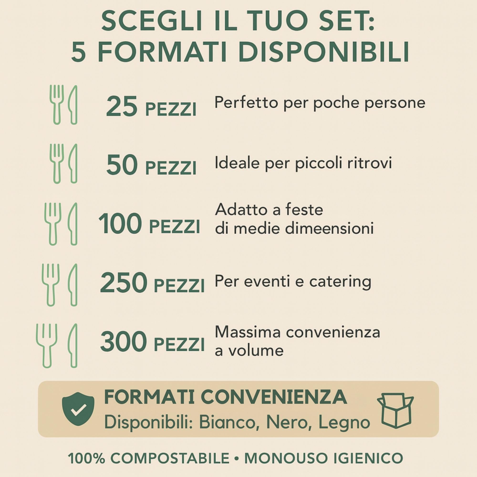 25/50/100/250 BIS DI POSATE IMBUSTATE CON TOVAGLIOLO - monouso - biodeagradabili - SET BIANCO Posate compostabili 100% Naturale (100 PEZZI)