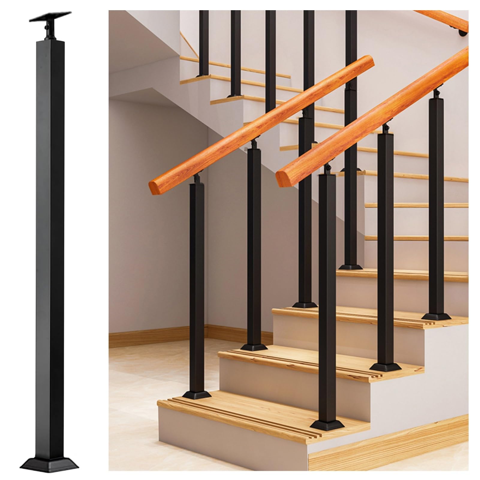 Indoor Railing Post Kits, 270° Adjustable Flat Brackets Spindle Post, Iron Square Stair Posts for Balcony, Staircases Spindles, Deck, Attic(53.1in/135cm)