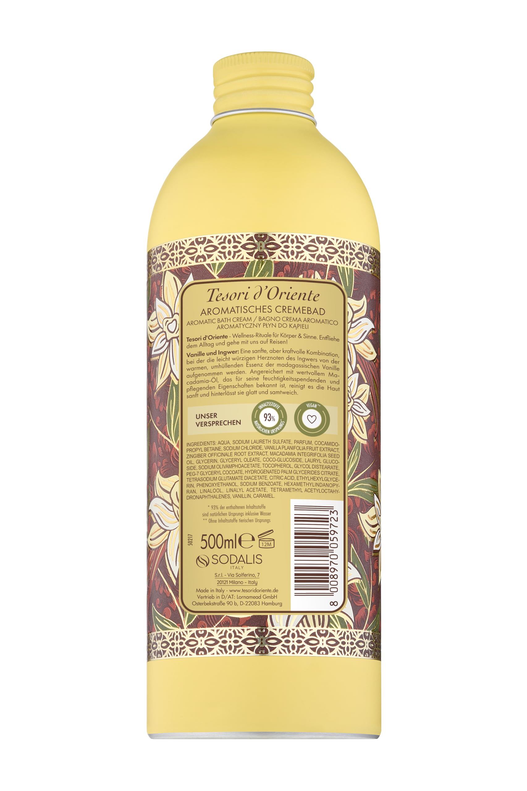 Tesori d'Oriente Kremowa kąpiel "Royal Vanilla" | aromatyczna kąpiel kremowa z wanilią z Madagskaru i imbiru | kremowa kąpiel do pielęgnacji ciała | rytuał dla ciała i zmysłów | 500 ml