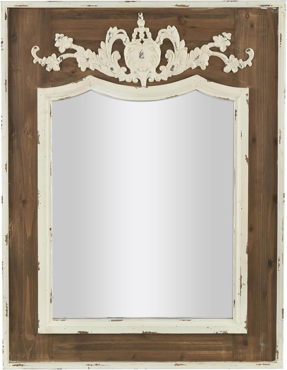 Wood Floral Room Wall Mirror Carved Acanthus Entryway Mirror, Wall Mounted Mirror 33" x 2" x 43", Brown