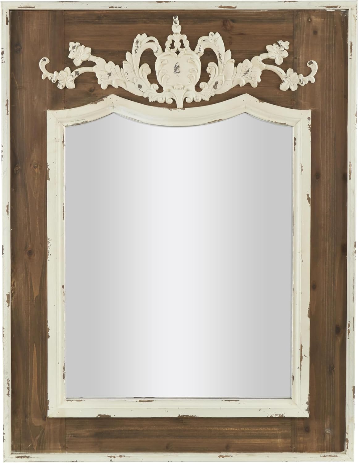 Scalloped 33" x 43" Brown and Cream Rustic Wooden Wall Mirror