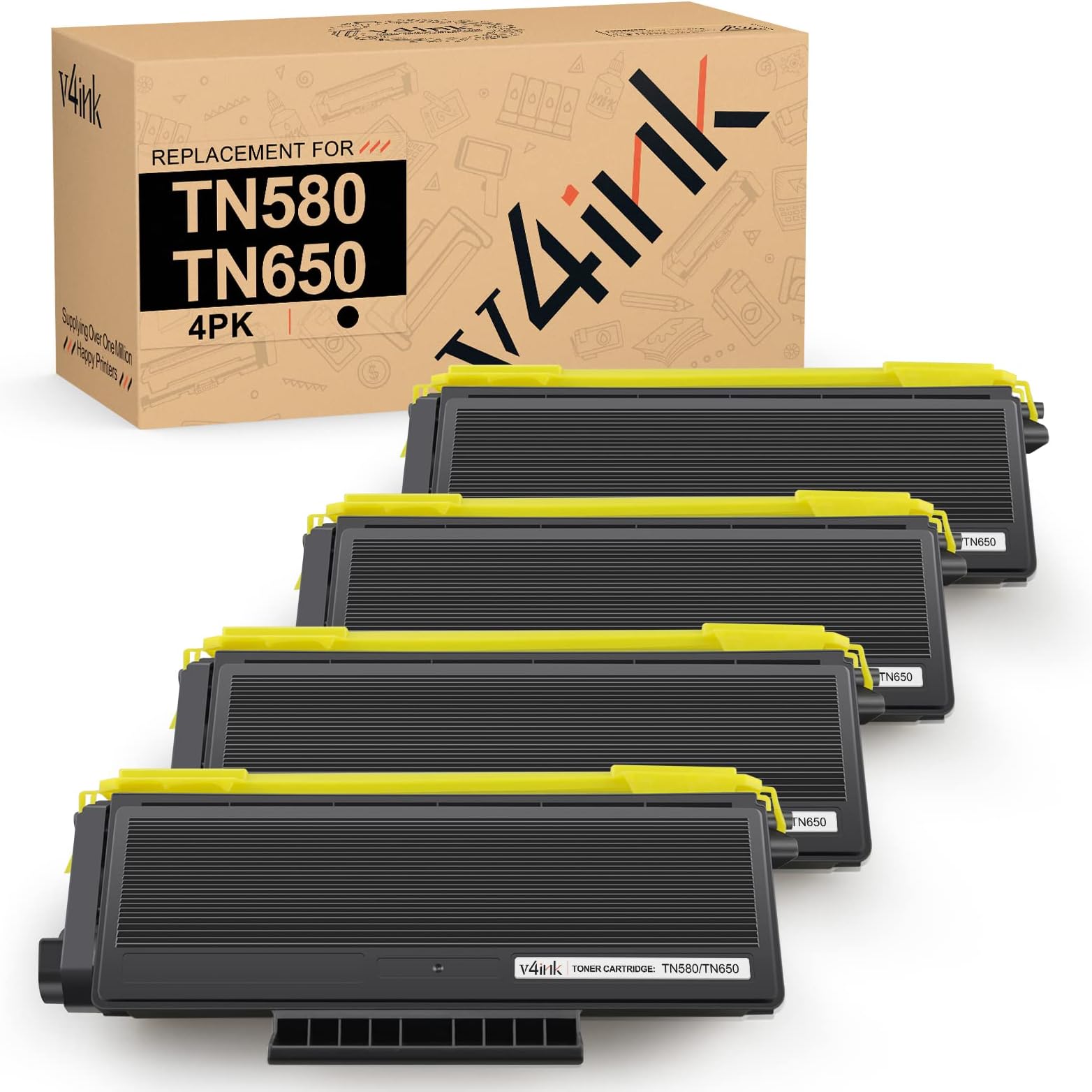 V4INK 4PK TN580 TN650 Toner Cartridge Compatible Replacement for Brother TN580 TN650 TN620 Toner High Yield Black for Brother HL-5250DN HL-5340D HL-5370DW MFC-8480DN MFC-8690DW MFC-8860DN Printer