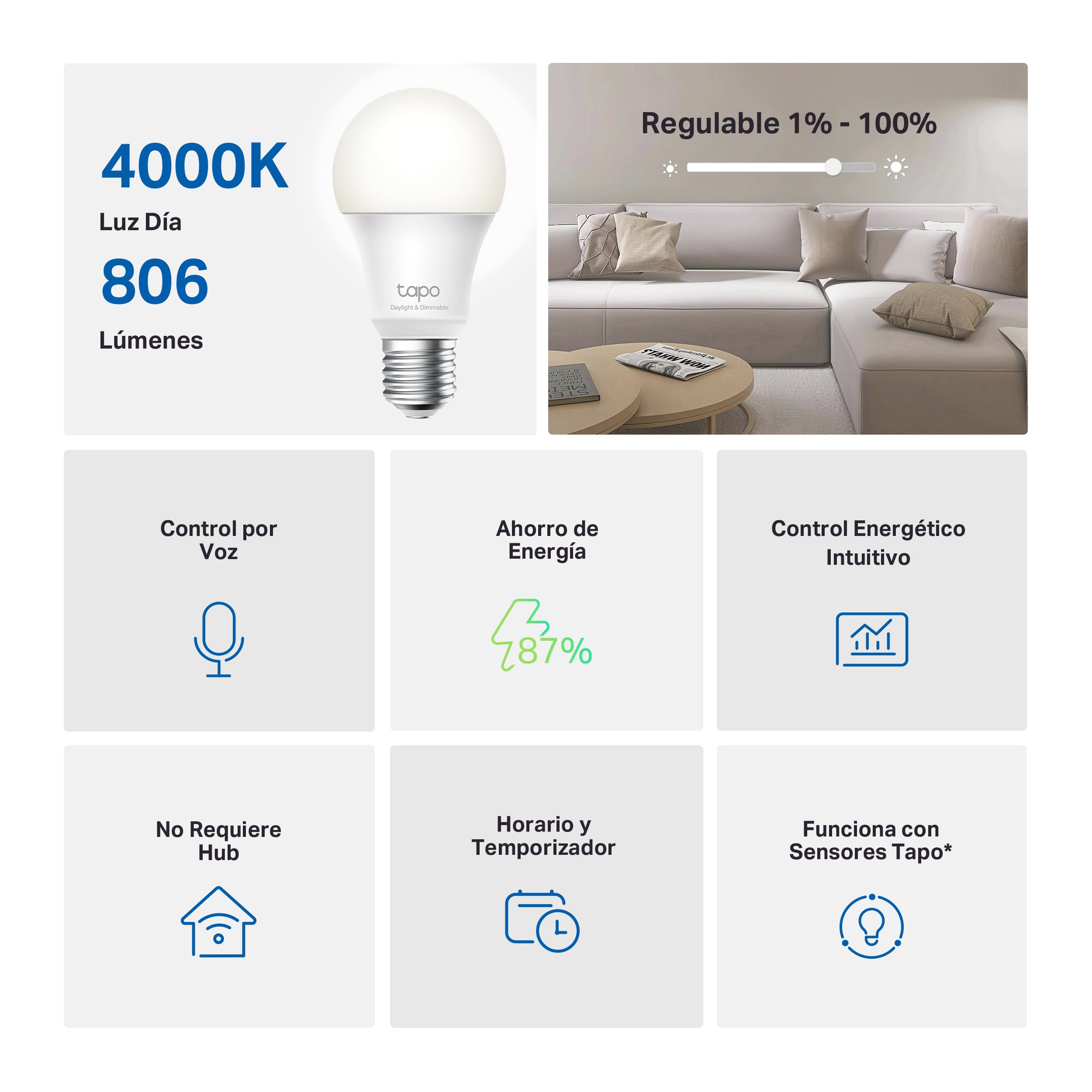 Tapo TP-Link L520E - Bombilla LED Inteligente, Bombilla WiFi sin necesidad de Hub, Blanco Neutro 4000K, Regulable,E27, 8.7W/ 806lm, Compatible Alexa, Echo y Google Home
