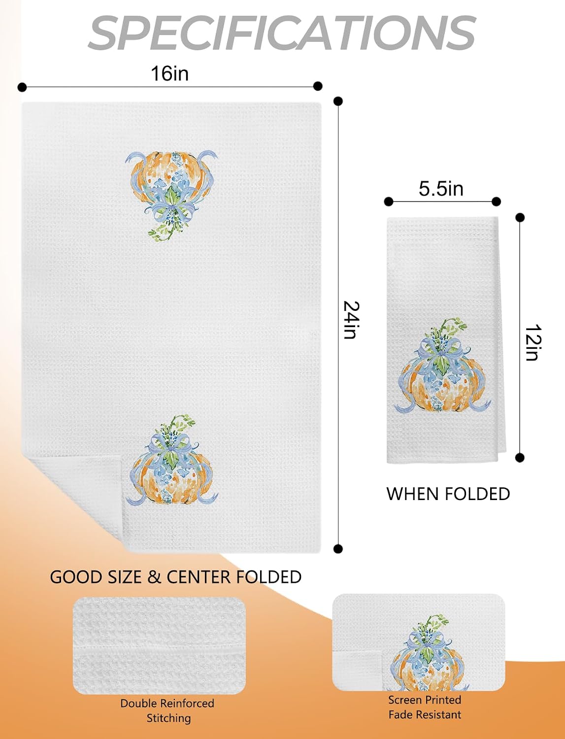 Grandmillennial Preppy Fall Pumpkin Kitchen Bathroom Towels 16x24in