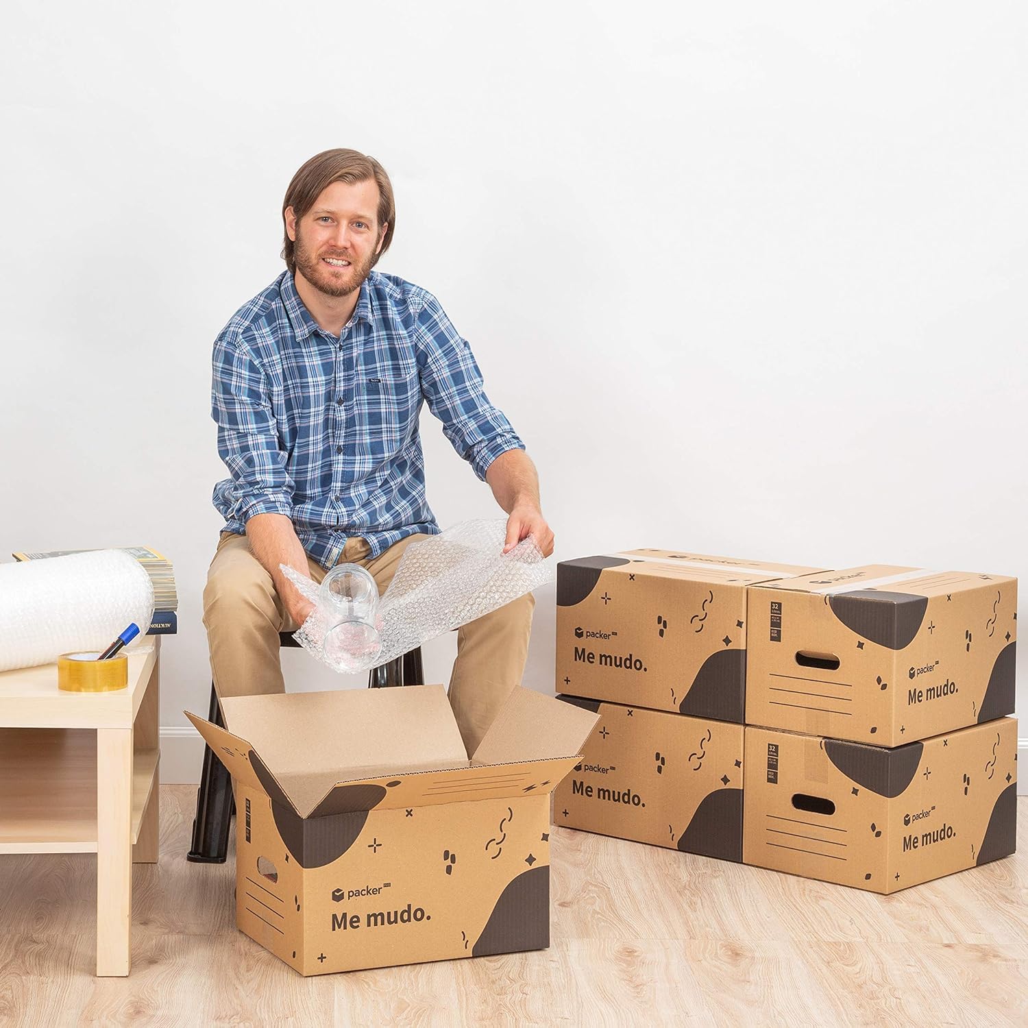 packer PRO Pack Mudanza con 5 Cajas Carton Mudanza 600x400x400mm, 10 Cajas Carton Mudanza 430x300x250mm, Cinta Adhesiva, Rollo de Burbujas para Embalaje, Rotulador Permanente